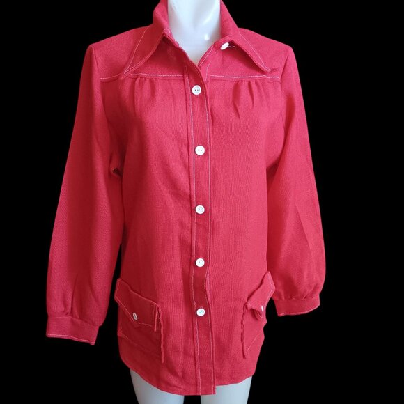 Vintage Medium Wome's Mod Jacket Shirt 1970's Sears Red Burlap granny Pockets - Picture 1 of 6